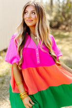 Load image into Gallery viewer, Multicolor Color Block Tiered Puff Sleeve Dress