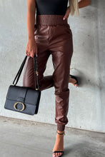 Load image into Gallery viewer, Brown Smocked High-Waist Leather Skinny Pants