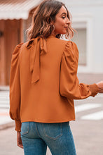 Load image into Gallery viewer, Orange Long Bubble Sleeve Mock Neck Chiffon Blouse