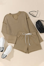 Load image into Gallery viewer, Khaki Exposed Seam Textured Long Sleeve Top Shorts Set