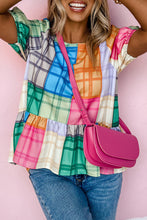 Load image into Gallery viewer, Multicolor Bold Plaid Color Block Puff Sleeve Peplum Top