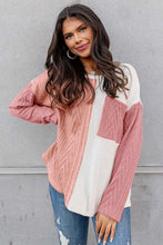 Load image into Gallery viewer, Peach Blossom Long Sleeve Colorblock Chest Pocket Textured Knit Top