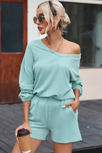 Load image into Gallery viewer, Mist Blue Corded V Neck Slouchy Top Pocketed Shorts Set