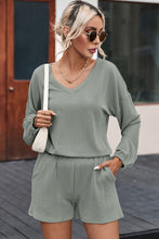 Load image into Gallery viewer, Grass Green Corded V Neck Slouchy Top Pocketed Shorts Set