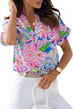 Load image into Gallery viewer, Abstract Floral Print Notch V Neck Rolled Short Sleeve Blouse