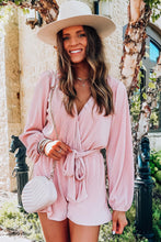 Load image into Gallery viewer, Pink Ripped Surplice V Neck Bubble Sleeve Romper
