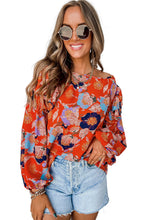 Load image into Gallery viewer, Red Floral Print Ruffle Puff Sleeve Blouse