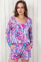 Load image into Gallery viewer, Purple Floral Long Sleeve Top and Drawstring Shorts Set
