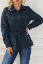 Load image into Gallery viewer, Blue Corduroy Cinched Aztec Back Jacket