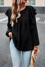 Load image into Gallery viewer, Black Lace Eyelet Ruffle Shoulder Long Sleeve Blouse
