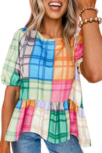 Load image into Gallery viewer, Multicolor Bold Plaid Color Block Puff Sleeve Peplum Top