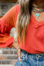 Load image into Gallery viewer, Red Studded V Neckline Exposed Seam Textured Knit Top
