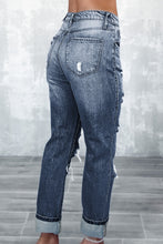Load image into Gallery viewer, Navy Blue Light Wash Frayed Slim Fit High Waist Jeans
