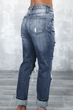 Load image into Gallery viewer, Navy Blue Light Wash Frayed Slim Fit High Waist Jeans