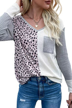 Load image into Gallery viewer, Leopard Patchwork Ribbed Color Block V Neck Top