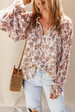 Load image into Gallery viewer, Boho Floral Print Split V Neck Bubble Sleeve Blouse