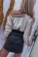 Load image into Gallery viewer, Khaki Sequin Patchwork V Neck Long Sleeve Top