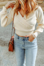 Load image into Gallery viewer, Beige Ribbed Long Sleeve Surplice Crop Sweater