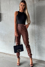 Load image into Gallery viewer, Brown Smocked High-Waist Leather Skinny Pants