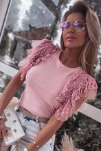 Load image into Gallery viewer, Sequined Ruffle Mesh Sleeves Top