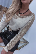 Load image into Gallery viewer, Khaki Sequin Patchwork V Neck Long Sleeve Top