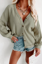 Load image into Gallery viewer, Green Exposed Seam Buttons Front Waffle Knit Cardigan
