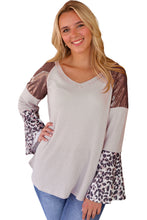 Load image into Gallery viewer, Leopard Sequin Patchwork Bell Sleeve V Neck Tunic Top