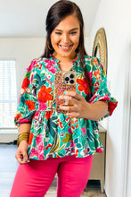 Load image into Gallery viewer, Multicolor Floral Tie Split Neck Plus Size Peplum Blouse