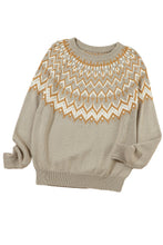 Load image into Gallery viewer, Gray Geometric Pattern Ribbed Round Neck Sweater
