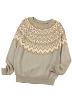 Load image into Gallery viewer, Gray Geometric Pattern Ribbed Round Neck Sweater