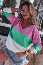Load image into Gallery viewer, Ribbed V Neck Color Block Patchwork Sweatshirt