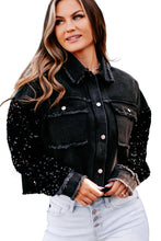 Load image into Gallery viewer, Black Sequin Sleeve Pocketed Raw Hem Denim Jacket
