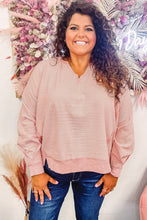 Load image into Gallery viewer, Pink Raw Cut Notched Neck Plus Size French Terry Hoodie