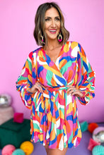 Load image into Gallery viewer, Multicolor Abstract Printed Belted Puff Sleeve Mini Dress