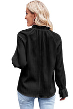 Load image into Gallery viewer, Black Frilled Mock Neck Ripple Bubble Sleeve Blouse