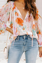 Load image into Gallery viewer, Multicolor Abstract Print Split Neck Puff Sleeve Blouse