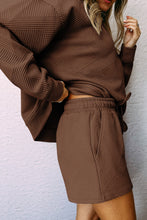 Load image into Gallery viewer, Brown Textured Long Sleeve Top and Drawstring Shorts Set