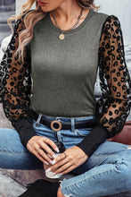 Load image into Gallery viewer, Medium Grey Leopard Mesh Puff Sleeve Patchwork Slim Fit Top
