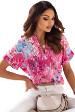 Load image into Gallery viewer, Abstract Floral Print Notch V Neck Rolled Short Sleeve Blouse