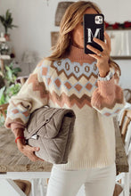Load image into Gallery viewer, Khaki Geometric Pattern Ribbed Trim High Neck Sweater