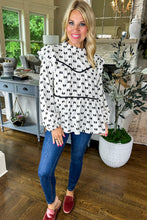 Load image into Gallery viewer, White Bow Knot Print Piping Trim Ruffled Crew Neck Blouse
