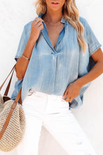 Load image into Gallery viewer, Split V Neck Oversized Denim Blouse