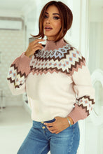 Load image into Gallery viewer, Khaki Geometric Pattern Ribbed Trim High Neck Sweater