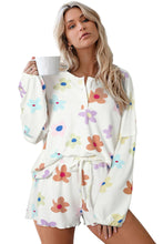 Load image into Gallery viewer, White Floral Long Sleeve Henley Top and Drawstring Shorts Set