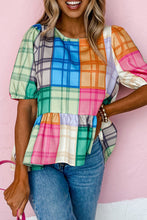 Load image into Gallery viewer, Multicolor Bold Plaid Color Block Puff Sleeve Peplum Top