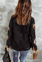 Load image into Gallery viewer, Black Sequined Rugby Graphic Frayed Denim Shacket
