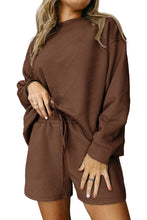 Load image into Gallery viewer, Brown Textured Long Sleeve Top and Drawstring Shorts Set
