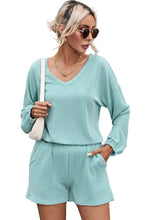 Load image into Gallery viewer, Mist Blue Corded V Neck Slouchy Top Pocketed Shorts Set