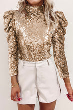 Load image into Gallery viewer, Apricot Sequin Mock Neck Bubble Sleeve Top
