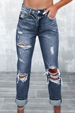 Load image into Gallery viewer, Navy Blue Light Wash Frayed Slim Fit High Waist Jeans